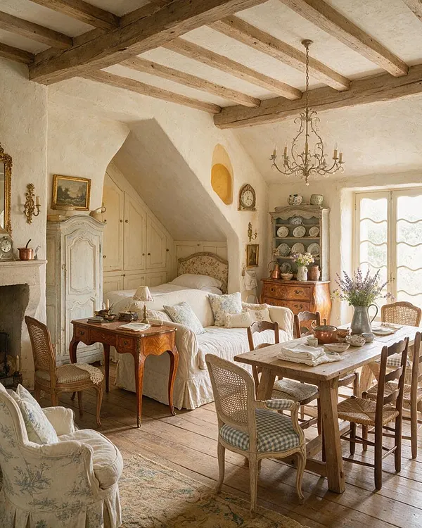 A charming studio apartment styled in French Country decor with exposed wooden ceiling beams, cream plaster walls, and a warm wood floor. The space combines a bed, sofa, carved wood tables, cane chairs, a chandelier, vintage cabinets, and a rustic dining table set near bright French doors.