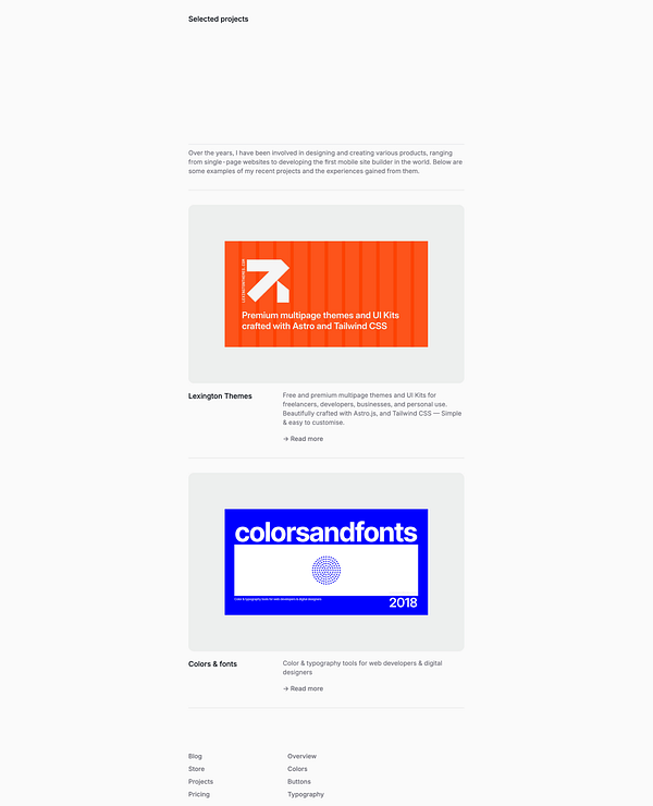 The image displays a webpage showcasing selected projects related to web design and development.