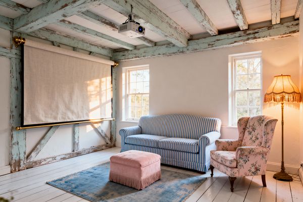 Light-filled media room with a roll-down linen projection screen framed by gold rods, a ceiling-mounted projector, and exposed beams painted in distressed duck-egg blue over white planked floors. A sky-blue striped sofa, pink floral wingback chair, and blush velvet fringed ottoman sit on a faded blue rug beside two double-hung windows and a vintage brass floor lamp with a fringed shade, set against creamy plaster walls.