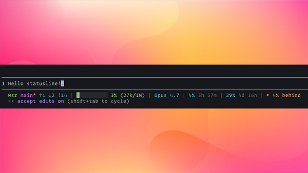 Screenshot of a terminal session showcasing a custom Claude AI status line with code and command outputs.