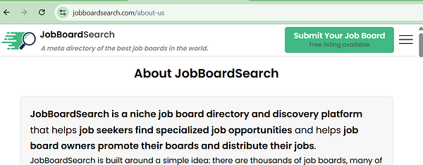 Website about page for JobBoardSearch, a job board directory and discovery platform.