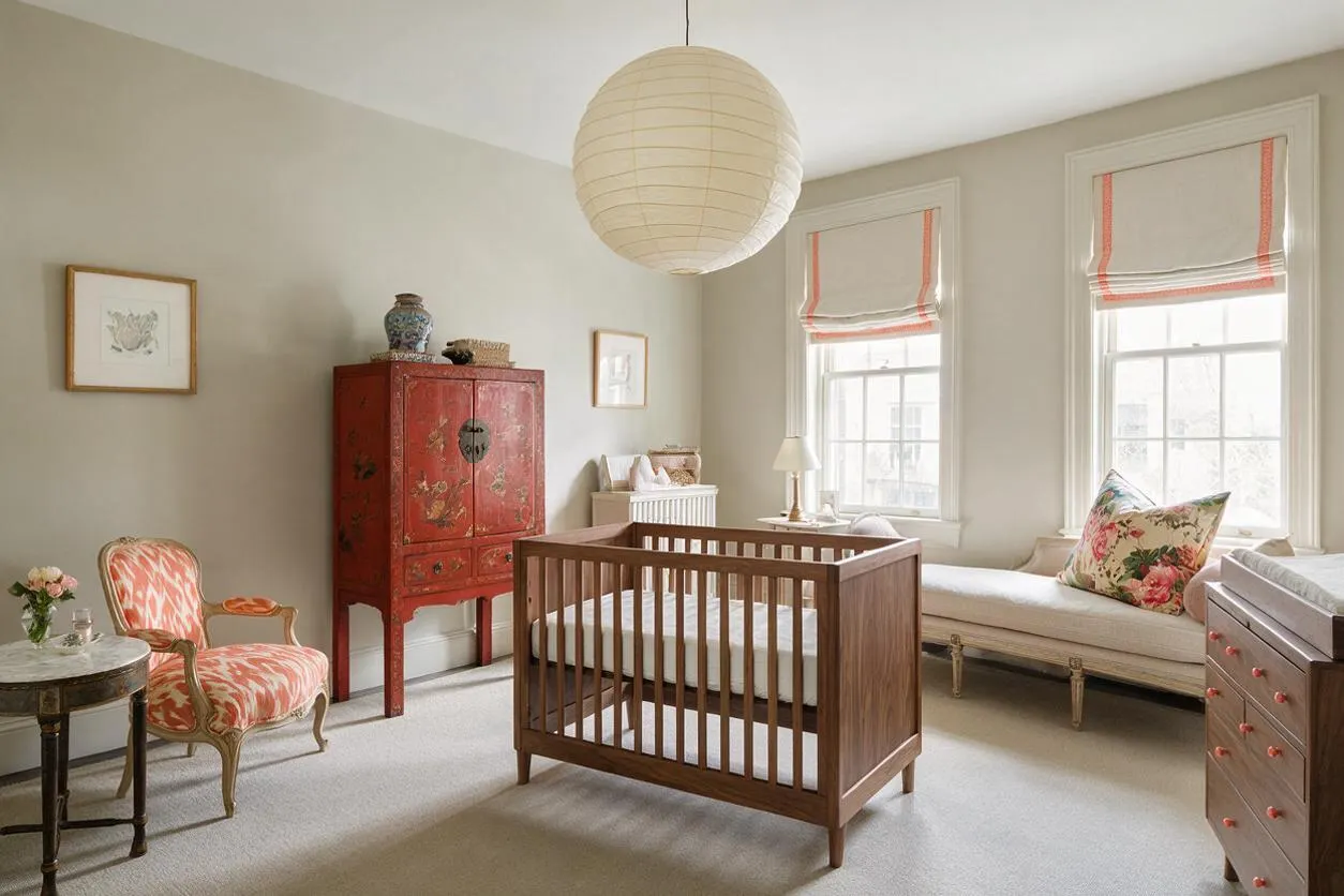 A bright eclectic nursery with a wooden crib centered on a soft neutral carpet, flanked by a red vintage cabinet, patterned coral armchair, and a long window bench with floral pillows. Three tall windows with Roman shades and a large paper lantern overhead fill the room with natural light.