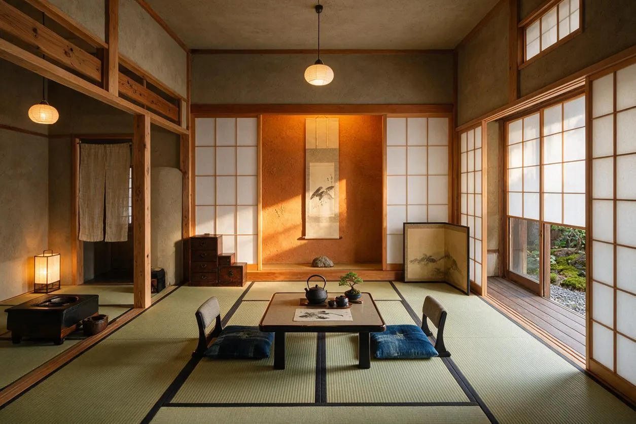 A Japanese Zen studio apartment with tatami mat flooring, low wooden table, and floor cushions centered in the room. Shoji screens line the walls, warm paper pendant lights hang overhead, and a tokonoma alcove displays a hanging scroll and small stone arrangement.