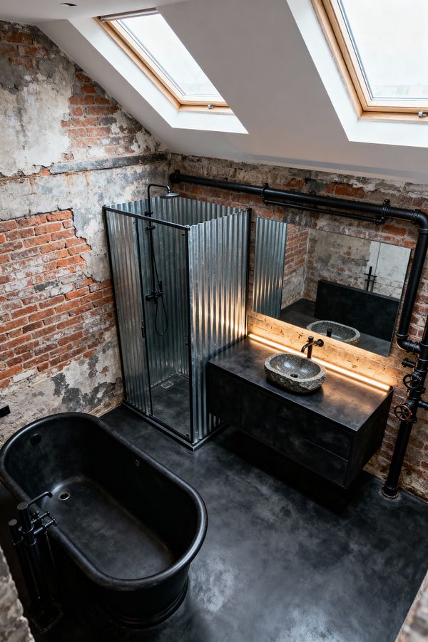 Industrial loft bathroom with exposed red brick and peeling plaster walls under a sloped ceiling with two skylights, a corrugated galvanized-steel shower with a black-framed door, and a matte black freestanding tub. A floating dark vanity holds a rough stone vessel sink beneath a wide backlit mirror; polished concrete flooring and visible black pipes with valve fittings reinforce the utilitarian look while warm LED lighting softens the space.