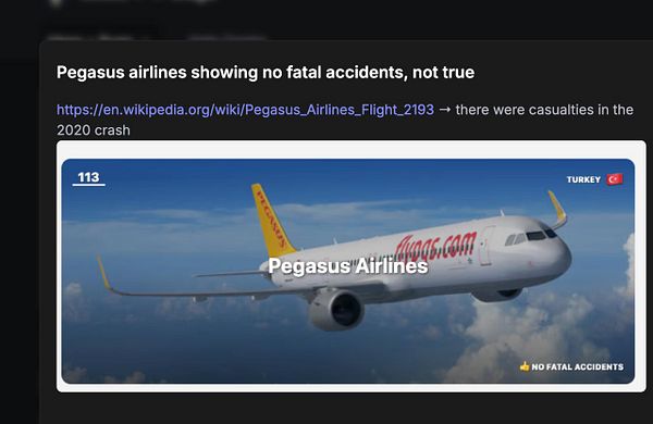 The image features a Pegasus Airlines aircraft with a misleading label regarding fatal accidents.