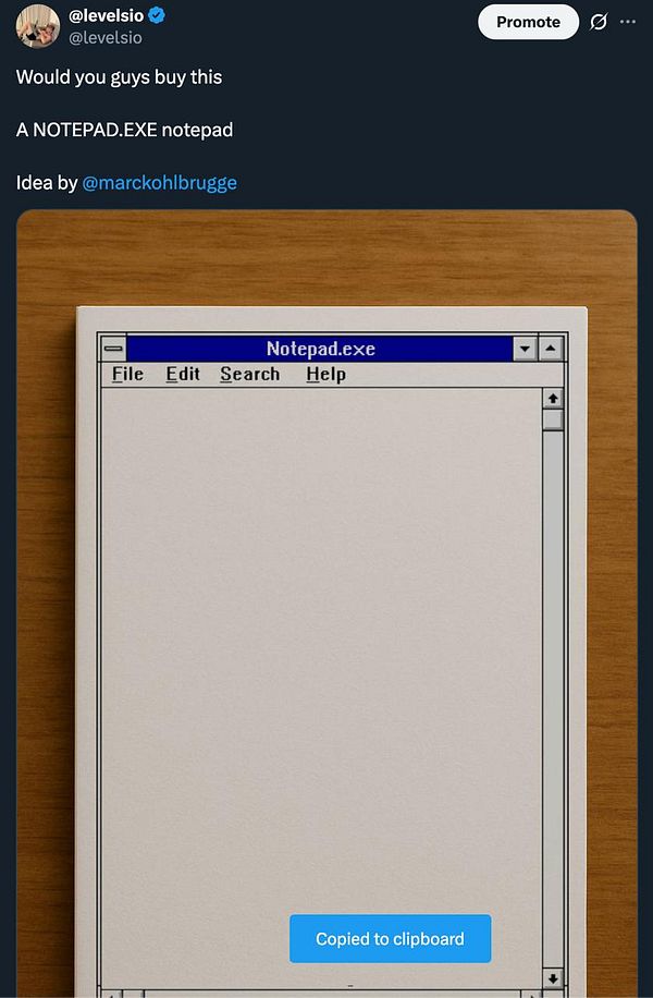 A digital concept design of a Notepad.EXE notepad displayed on a wooden surface.