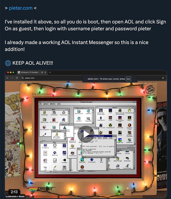 A retro computer interface displaying a Windows 3.1 environment with AOL and various applications.