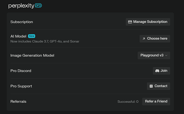 The image displays a user interface for managing a Perplexity Pro subscription.