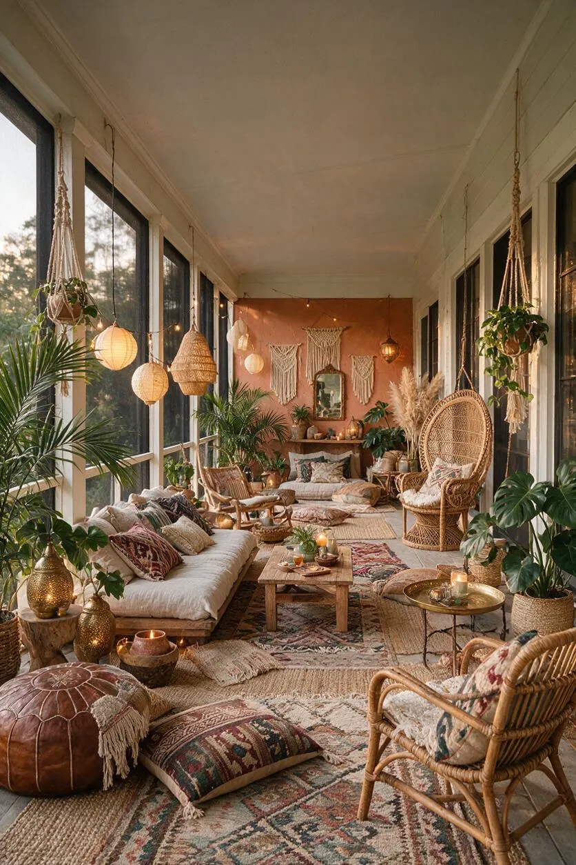 A long front porch styled as a bohemian lounge with wicker chairs, floor cushions, layered rugs, and a low wooden coffee table. Hanging planters, macramé wall decor, lantern-style lights, and many leafy plants create a cozy, warm, earthy atmosphere.