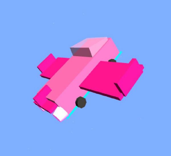 A stylized, flying pink Cybertruck with wings is depicted against a blue sky.