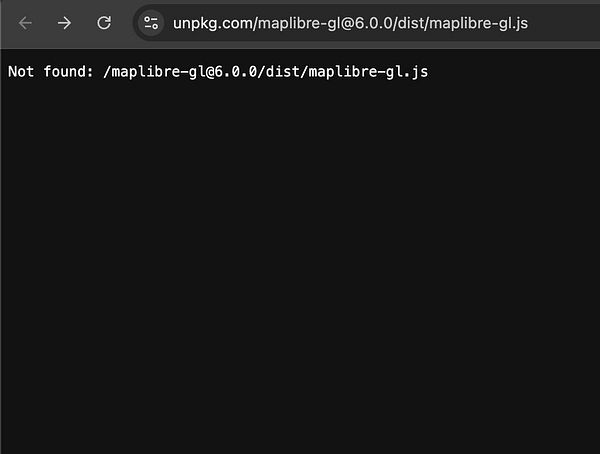 Screenshot of a Maplibre GL JS map with an unpinned marker over a city block and developer console open.