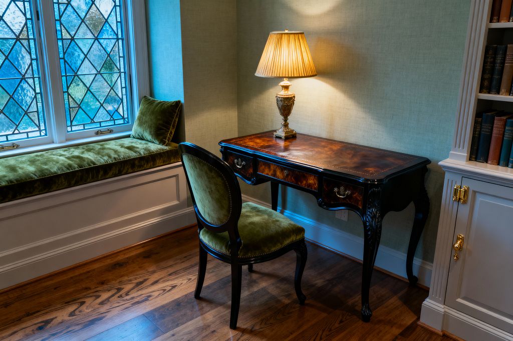 A traditional study corner shows a carved black writing desk with a burled-wood top and brass drawer pulls, lit by an urn-style table lamp with a pleated shade. An oval-back chair in olive green velvet sits beside a built-in window seat in matching velvet beneath diamond-pattern leaded-glass windows, with light sage linen-textured walls, white paneled millwork and a bookcase with polished brass hardware on medium-tone oak floors.