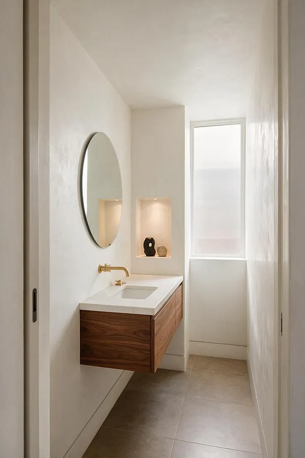 A narrow modern powder room with white walls, a floating walnut vanity, a rectangular white sink, and a round mirror. Warm recessed niche lighting and a frosted window soften the minimalist space.