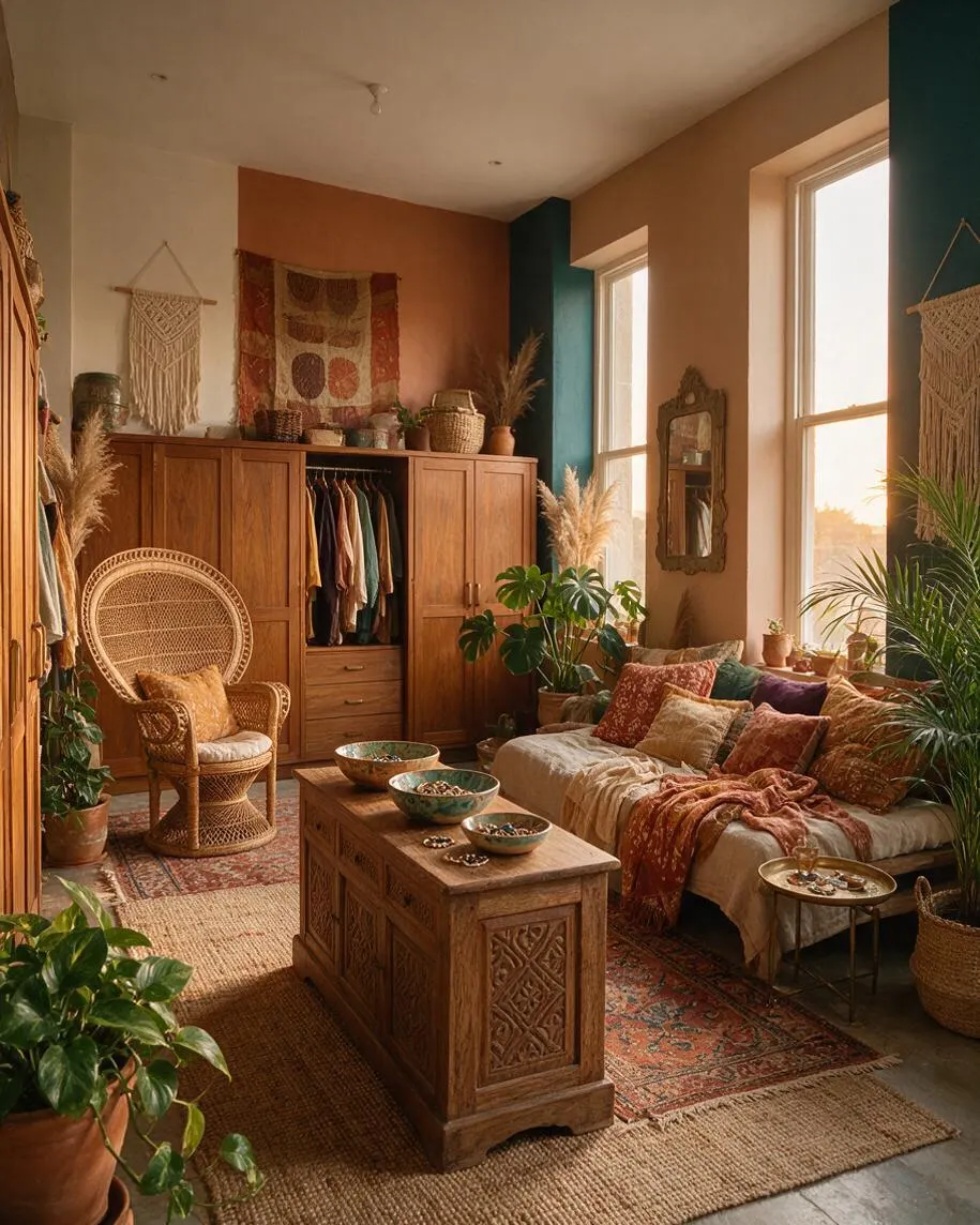 A cozy bohemian closet space with a wooden wardrobe, wicker chair, layered rugs, and a low daybed filled with colorful patterned pillows. Large windows, hanging macramé wall art, potted plants, and woven baskets create a warm, relaxed atmosphere.