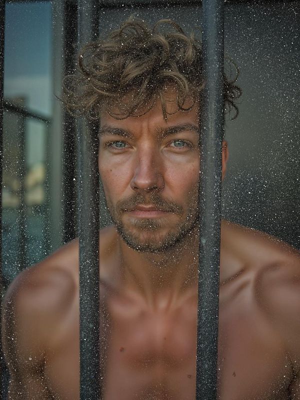 A close-up portrait of a man with curly hair, looking through bars with a grainy texture overlay.
