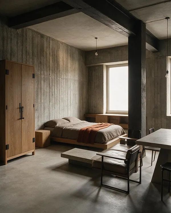 A compact studio apartment features raw concrete walls and ceiling beams, a low wooden bed with neutral bedding, and a simple wood wardrobe. A concrete coffee table, dark metal-framed seating, and a long bench sit on the polished floor, while large windows bring in soft natural light.