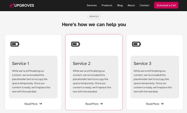 Website homepage showcasing a 'Services' section with a hover-animated border effect on service cards.