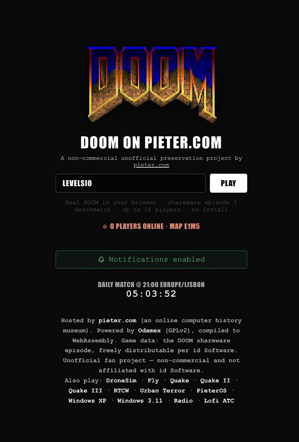 Web page for playing DOOM multiplayer online via pieter.com with WASM port and scheduled daily matches.