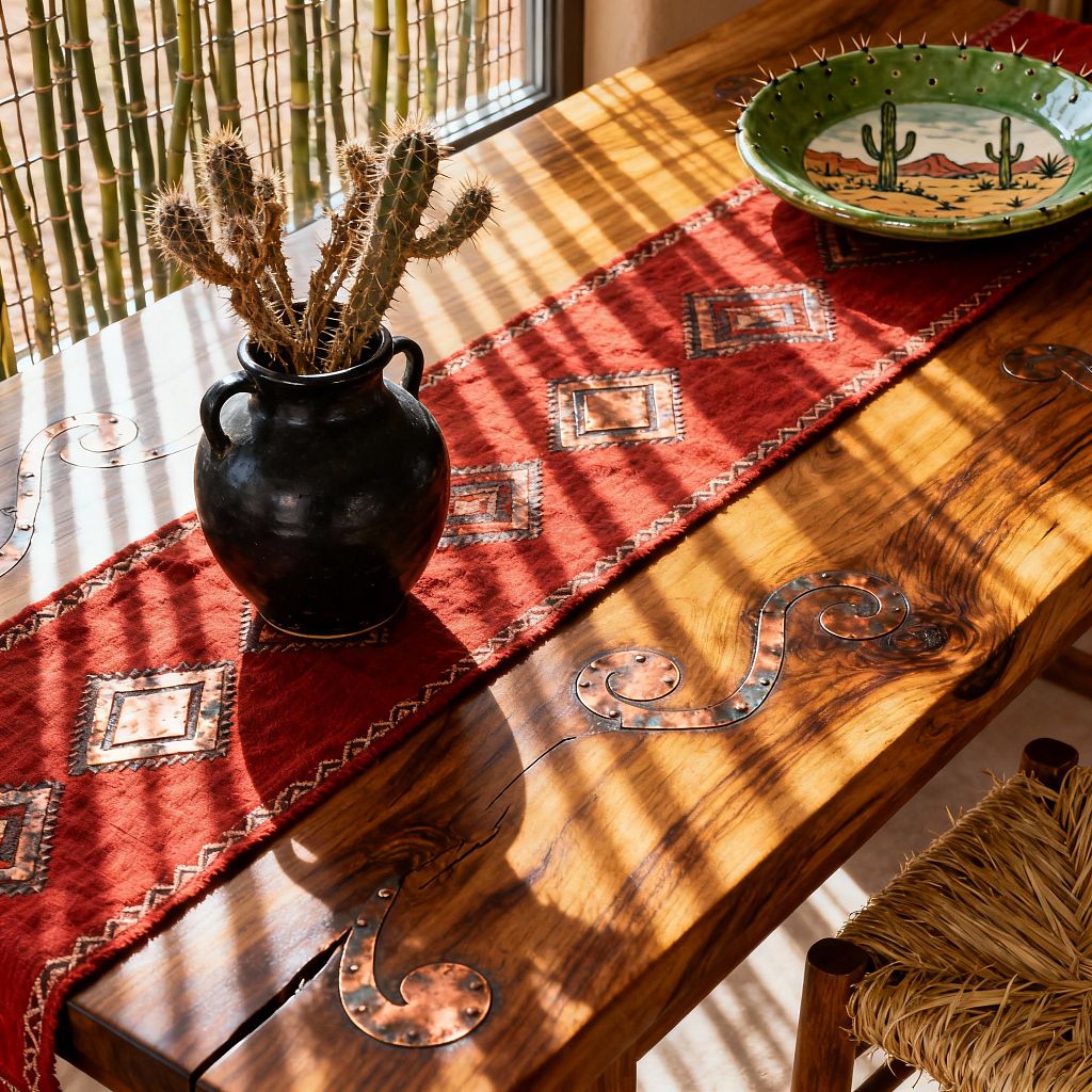 A sunlit dining table in Southwestern style features a knotty hardwood top with riveted copper scroll inlays and a red woven runner with diamond motifs. On the runner sit a matte black earthenware jar holding cactus stems and a hand-painted green ceramic bowl with a desert scene; a woven rush chair peeks into the frame while reed window shades cast striped shadows across the warm wood.