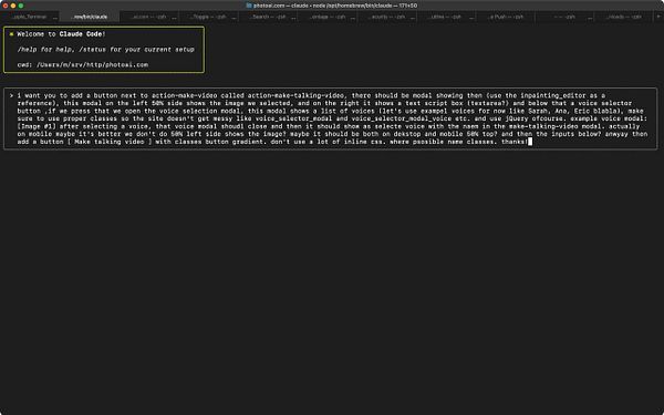 A terminal window displaying a coding task related to a video modal interface.