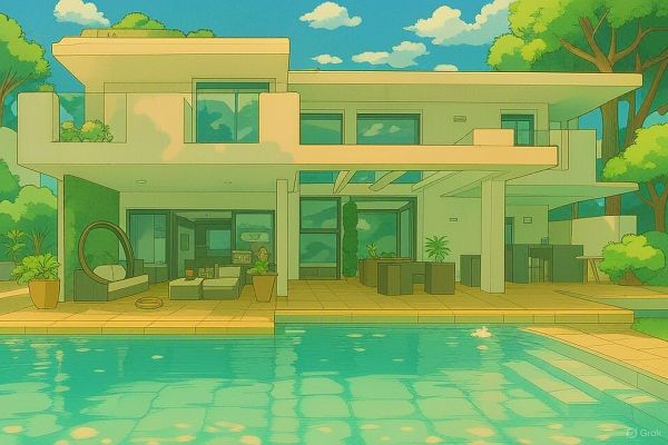 A modern villa with a pool, surrounded by lush greenery, depicted in a vibrant, animated style.