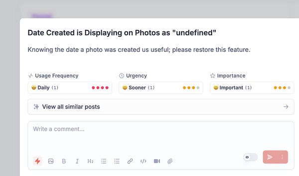 The image displays a task interface regarding a photo's creation date issue.