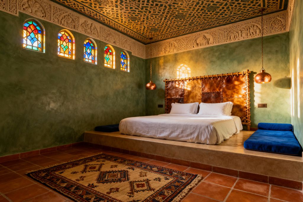 A Moroccan-style bedroom with olive green polished plaster walls and a raised platform bed dressed in white linen. The headboard is made of stitched brown leather framed with rope-lashed posts. Above, a teal and gold geometric ceiling and a carved white plaster frieze border the room. Small arched stained glass windows wash colored light across terracotta floor tiles, a patterned wool rug, and a blue bench cushion, with hammered copper pendants on either side.