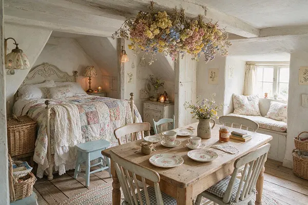 A cozy cottagecore studio apartment combines a carved bed alcove, a rustic wooden dining table, and a window seat under soft daylight. The room features cream-painted walls and beams, patchwork quilts, wicker baskets, pastel stools, floral china, and a hanging arrangement of dried flowers overhead.