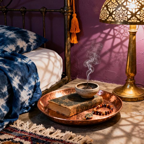 A Bohemian bedroom vignette shows an antiqued brass bed frame with an orange tassel against a textured plum wall, dressed in indigo shibori bedding and white sheets. On the concrete floor, a hammered copper tray holds a weathered book, stone incense burner sending a ribbon of smoke, and beaded bracelet, while a pierced brass lamp casts lace-like shadows across the wall and rug’s fringed edge.