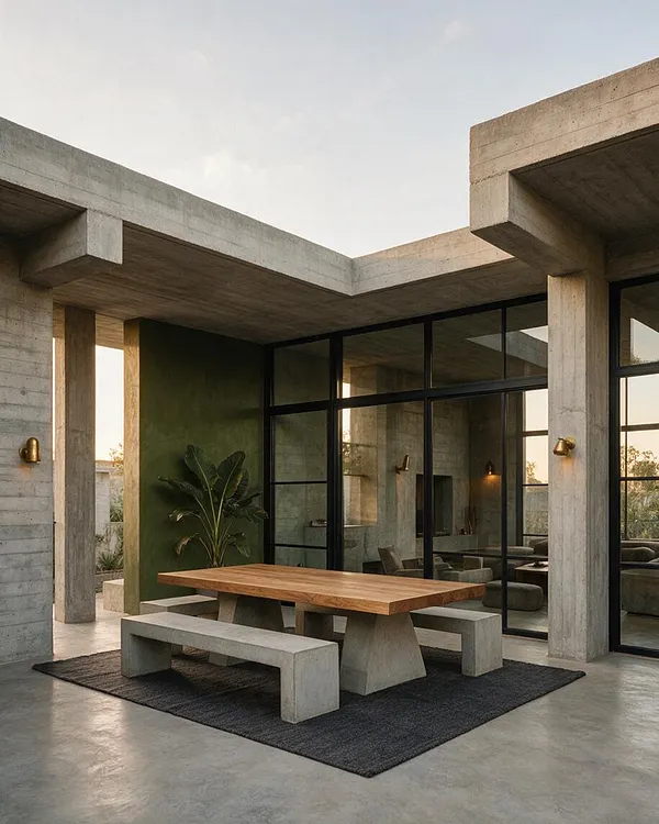 A Brutalist-style patio with raw concrete beams and columns framing a covered outdoor dining area. A rectangular wood table sits on a dark rug with matching concrete bench seating, beside a green accent wall, potted tropical plant, and black-framed glass doors.