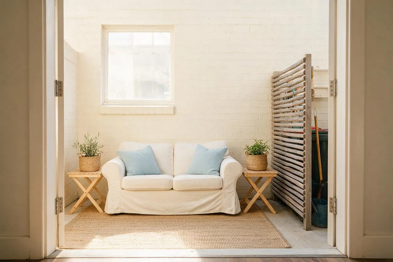 A small coastal-style backyard seating nook with a white slipcovered loveseat centered against a painted brick wall. Light blue throw pillows, woven side tables with potted plants, and a natural jute rug create a relaxed, airy feel.