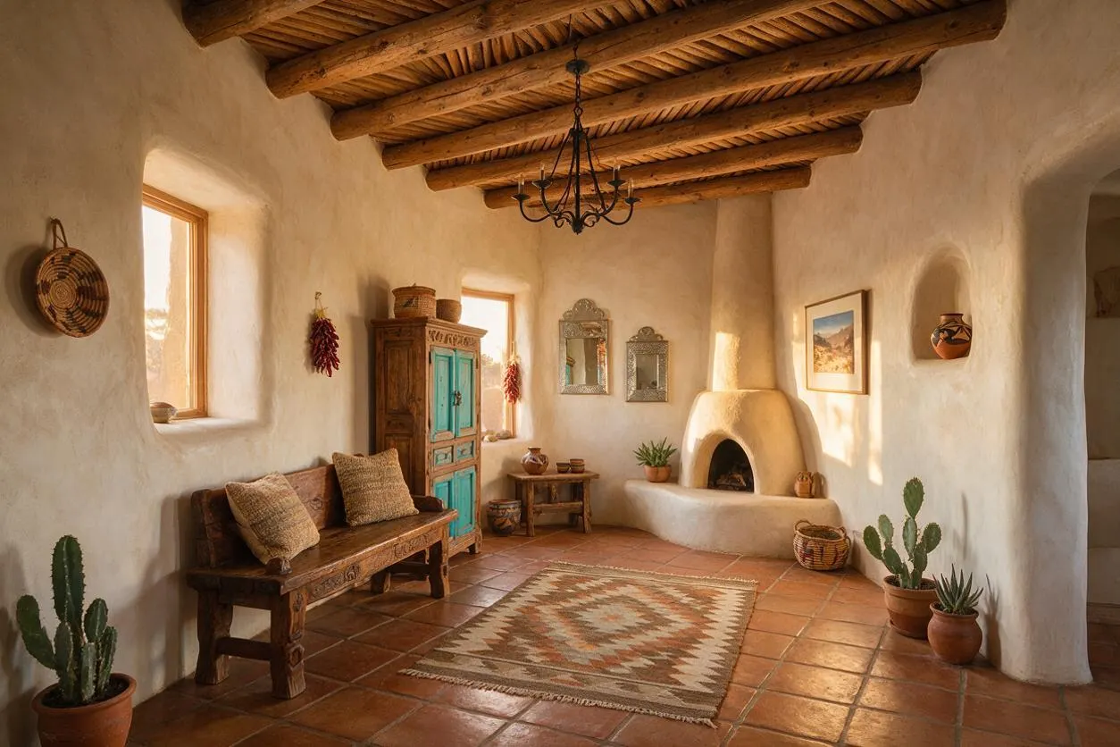 A warm Southwestern entryway with white adobe-style walls, exposed wooden ceiling beams, and terracotta tile flooring. The space includes a rustic wooden bench with cushions, a turquoise-painted cabinet, a patterned area rug, potted cacti, and a rounded plaster fireplace under soft natural light.