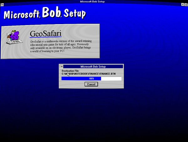 Screenshot of Windows 95 installation window for Microsoft Bob software.