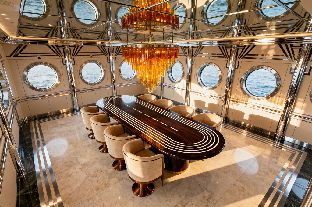 A glamorous Art Deco dining room with a long oval dark-wood table featuring white inlaid stripes, surrounded by ten beige velvet swivel chairs on bronze bases. Tiered amber-glass chandeliers hang over a cream marble floor with metal inlays, while mirrored ceiling panels and chrome pilasters intensify reflections. Round porthole windows in geometric wall panels reveal the sea outside, emphasizing a streamlined, nautical Deco aesthetic.
