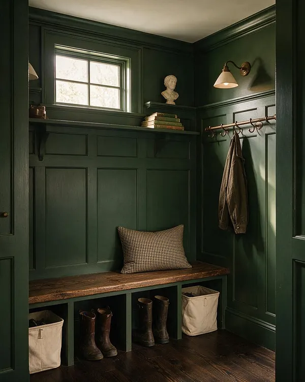 A moody mudroom with deep forest green paneled walls, a rustic wooden bench, and built-in cubbies below for boots and storage bins. A brass wall sconce, a small window shelf with stacked books and a bust, and a hanging coat add to the Dark Academia atmosphere.