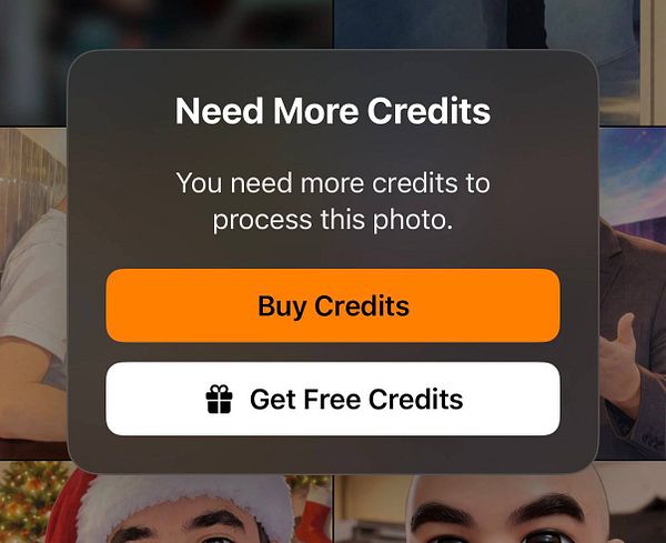 A pop-up notification indicating insufficient credits for processing a photo.