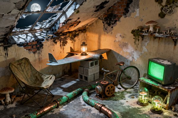 A derelict attic styled as a post-apocalyptic home office shows a broken skylight under a full moon, with peeling plaster and exposed brick. An airplane wing set on concrete blocks serves as a desk illuminated by a kerosene lantern. Corroded green pipes cross the floor near a gear-driven bicycle, while a rusted cabinet holds a neon-green CRT monitor. A khaki canvas camp chair, shelves sprouting mushrooms and moss, and glass cloches with glowing fungi complete the vignette.
