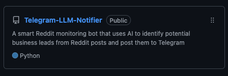The image displays a GitHub repository interface for a project titled 'Telegram-LLM-Notifier'.