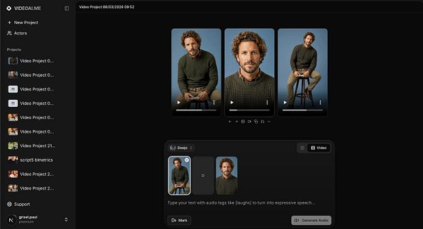Screenshot of a video editor interface in gallery mode showing video clips in a visually organized grid layout.