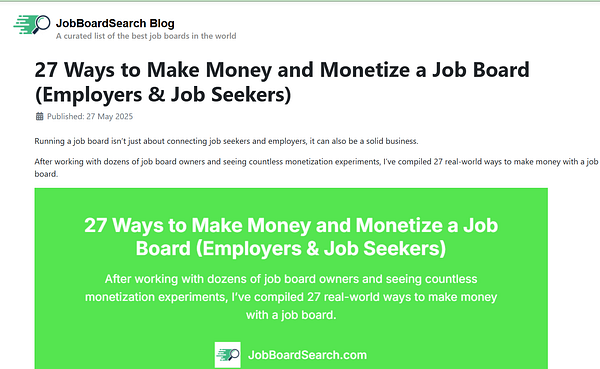 The image features a blog post titled '27 Ways to Make Money and Monetize a Job Board (Employers & Job Seekers)' from JobBoardSearch.