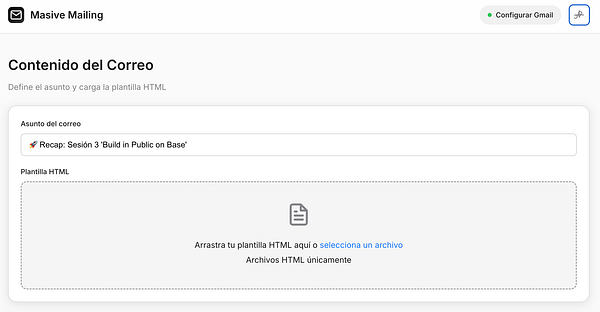The image displays a user interface for a mailing service tool where users can define email content and upload HTML templates.