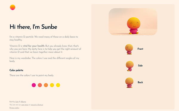 The image features a cheerful character named Sunbe, along with a description of its purpose and color palette.