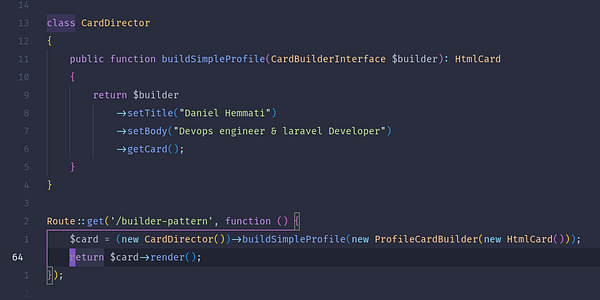 The image displays a code snippet illustrating the Builder design pattern in PHP.
