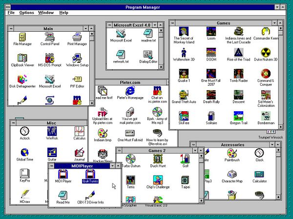The image displays a vintage Windows Program Manager interface filled with various application icons and folders.