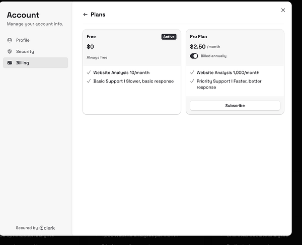 The image displays a billing account interface with options for different subscription plans.