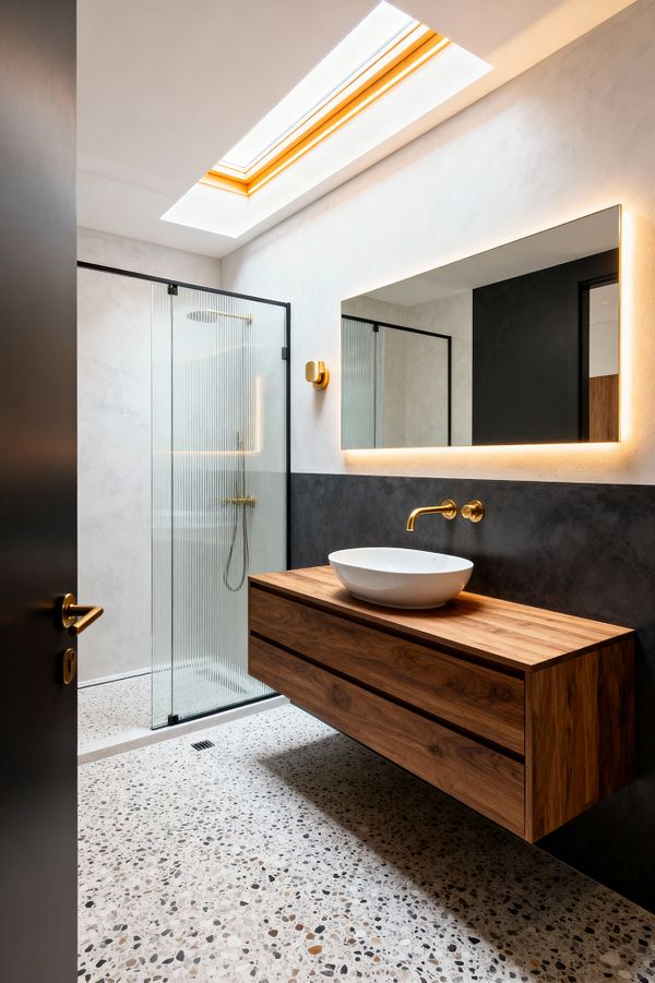 A modern bathroom lit by a long skylight features a floating walnut vanity with a white oval vessel sink and a large, backlit rectangular mirror. To the left, a walk-in shower is enclosed with fluted glass framed in black and fitted with brass fixtures, while terrazzo flooring and light gray plaster walls with a charcoal band create a clean, minimalist palette.