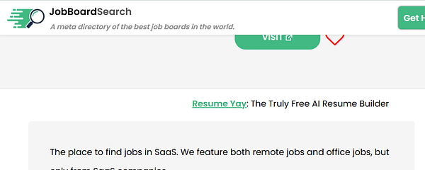 The image displays a webpage from JobBoardSearch featuring a job board advertisement for Resume Yay.