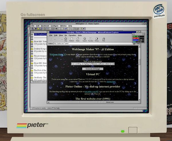 A vintage computer screen displays a retro web interface for an AI image generator and other applications.