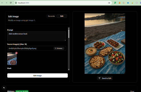 The image features a beachside dining setup with various Mediterranean dishes displayed on a blue tablecloth.