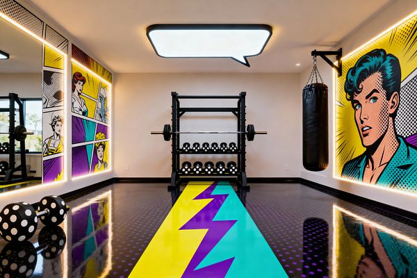 A brightly colored home gym styled like a comic book features full-height pop art panels with warm LED backlighting on both sides of a black steel power rack and dumbbell set. A wall-mounted black leather punching bag hangs to the right, while a glossy black epoxy floor shows purple dots and a turquoise and yellow stripe with a purple lightning bolt; a large speech-bubble ceiling light and a mirrored wall reflect the bold colors and equipment.